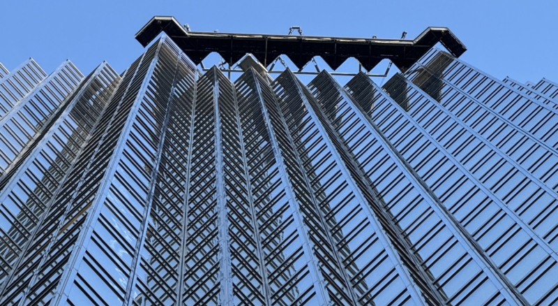 Stage window cleaning at the Royal Bank Plaza in downtown Toronto with workers cleaning the skyscraper's glass facade