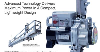 Window cleaning with a Bisomac stage motor, used to lift workers for cleaning tall building windows