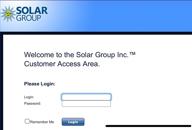 Login screen of the Solar Web App, featuring fields for username and password to access the platform